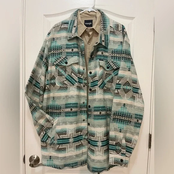 Rock & Roll Denim Men’s Beige Teal Turquoise Aztec Jacket Shacket, Size XXL, NWT - Picture 2 of 11